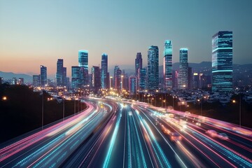 Fototapeta premium Cutting Edge Metropolis with Autonomous Transport and Luminous Data Driven Pathways