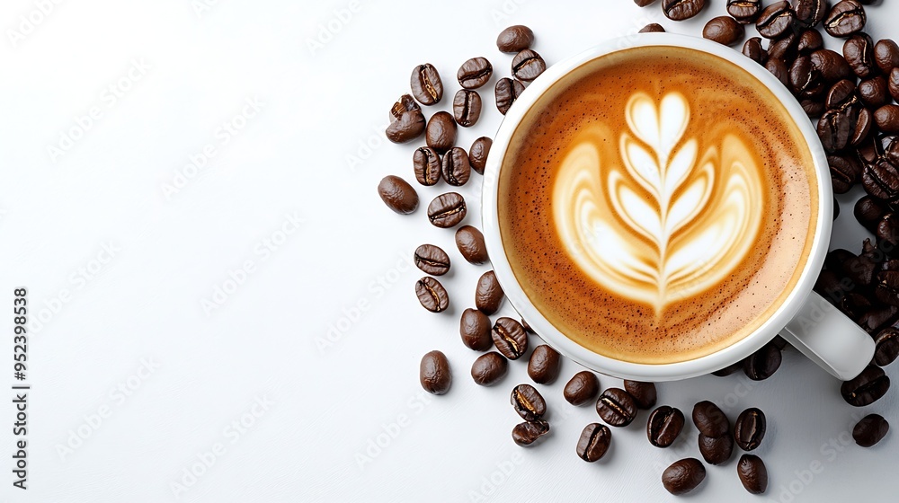 Poster Coffee menu Latte and coffee beans on white background with isolated style : Generative AI