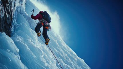 A dramatic shot of a mountain climber ascending a steep, icy slope, using an ice axe for support, with a deep blue sky above.