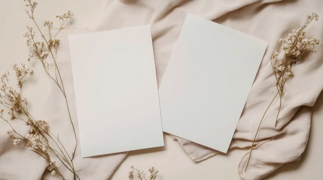 Two blank white cards on beige fabric with dried flowers.