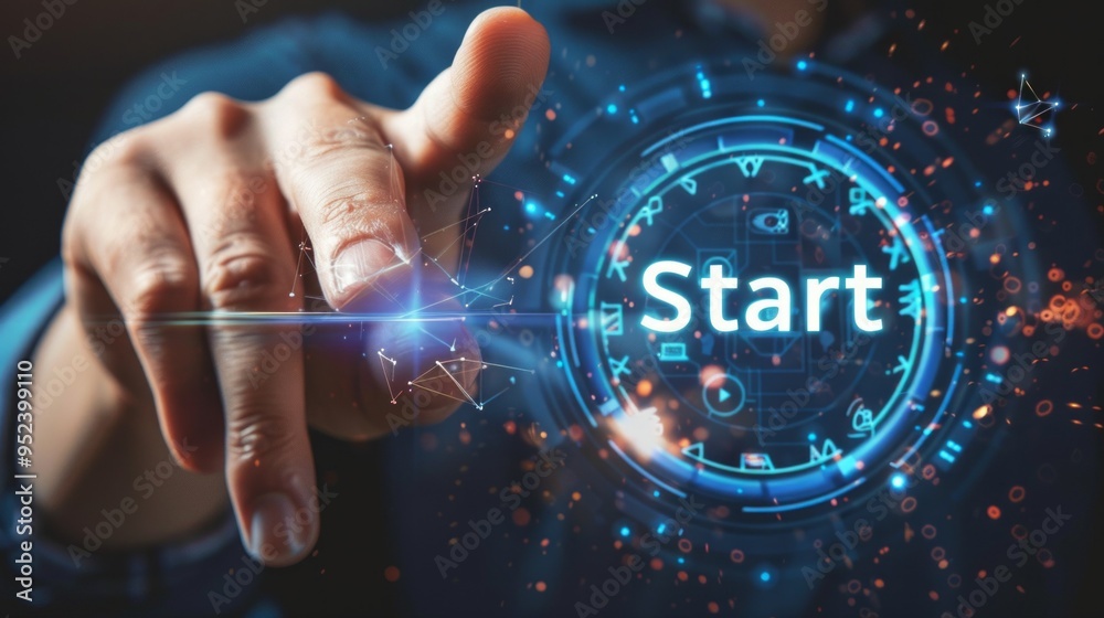 Poster a person is pointing to a start button on a screen