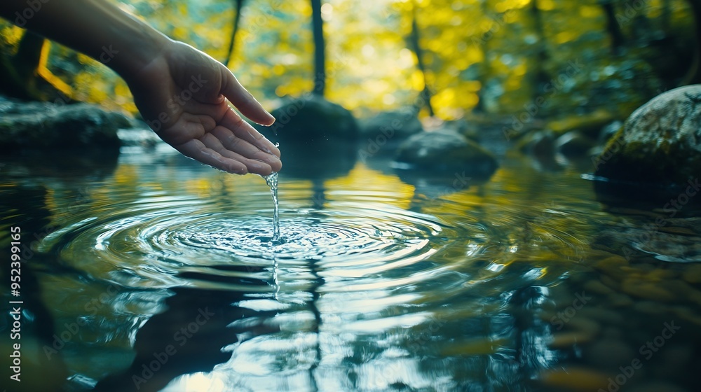 Poster hand is dipping into a body of water creating ripples in the water The scene is peaceful and calming with the water reflecting the surrounding trees and rocks : Generative AI