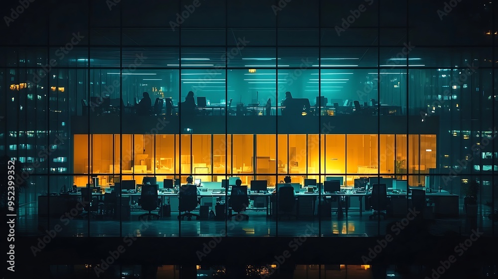 Poster Big glowing windows in modern office buildings timelapse at night in rows of windows light shines People working at tables inside : Generative AI