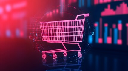 Neon Shopping Cart, E-commerce, Online Shopping Concept