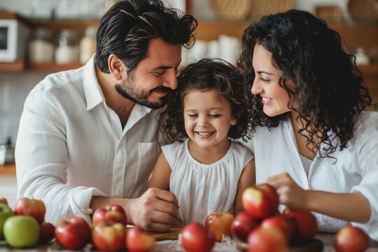 Jewish family celebrating Rosh Hashanah. Parents and daughter at a table with honey and apples, representing the Jewish New Year traditions