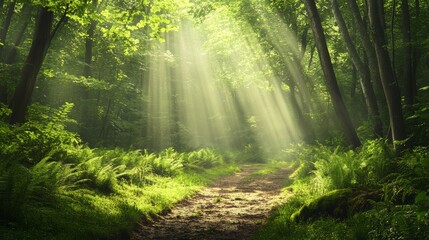 Obraz premium Sunbeams Through Forest Path with Ferns and Trees