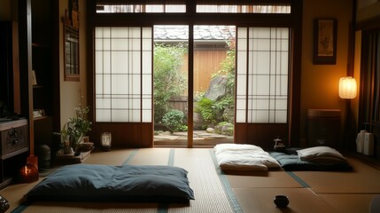 Japanese zen garden-inspired living room with tatami mats. Scene is peaceful and serene, with the natural beauty of the pond.
