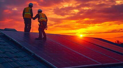 Two engineers checking solar panel installation on roof of house and home office at sunset Energyefficient and costsaving ideas for small business owners : Generative AI
