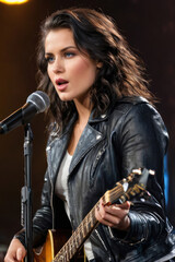 Naklejka premium rockstar woman singer sing with guitar on stage