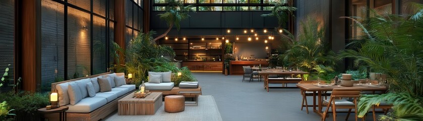 Obraz premium Cozy outdoor patio with string lights, comfortable seating, and a warm atmosphere