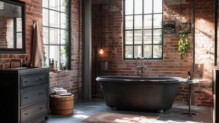 A bathroom with a brick wall Industrial loft style. The atmosphere is cozy and inviting.