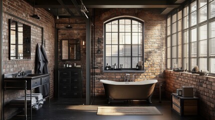 A bathroom with a brick wall Industrial loft style. The atmosphere is cozy and inviting.