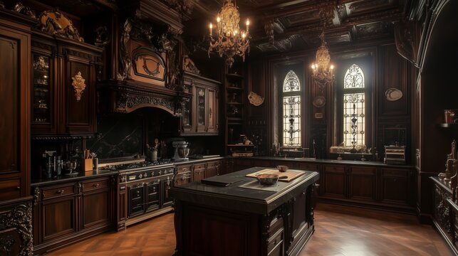 A kitchen gothic-style with dark wood paneling, The room is very spacious and has a luxurious feel.