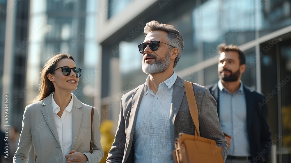 Aufkleber group of business people walking outside in front of office buildings successful colleagues talking 