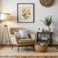 A stylish and minimalist corner of a living room features a mid-century modern armchair with a beige cushion and a soft brown pillow.