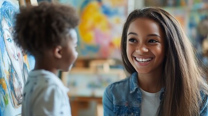 Obraz premium Friendly young artistic class teacher helping pupil girl with drawing on canvas discussing picture with African artist kid smiling laughing Group of children learning painting in artis : Generative AI