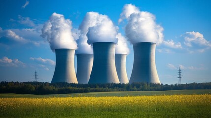 Nuclear Power Plant with Cooling Towers Emitting Steam in Sunny Countryside Landscape