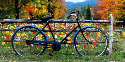 Fototapeta premium A bicycle leaning against a fence with wildflowers 