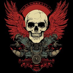 A skull with red wings and mechanical parts