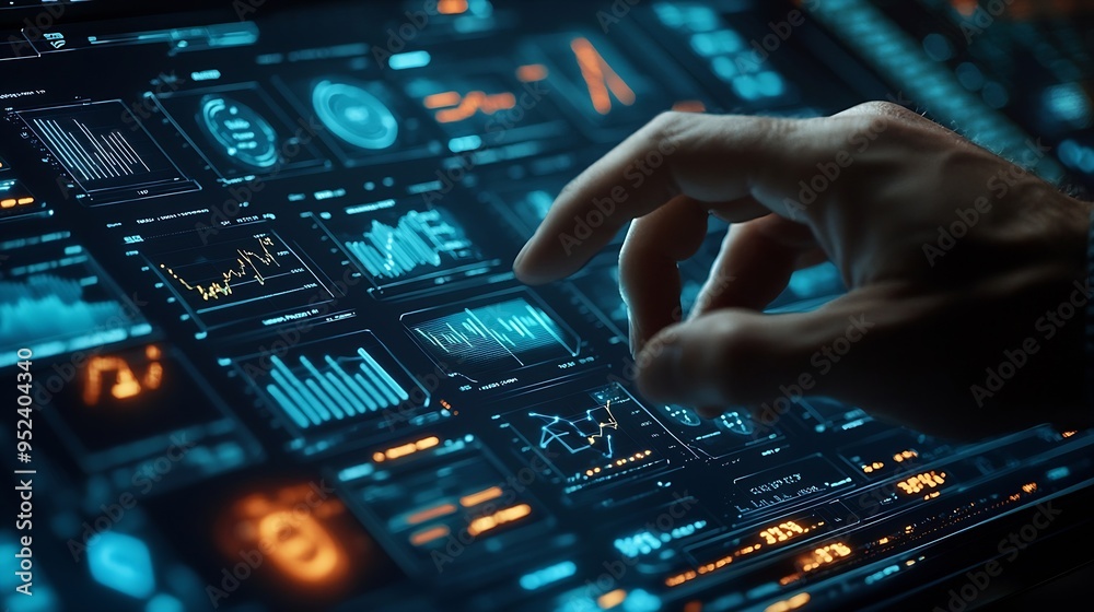 Poster Businessman using Data analytics global tech for kpi accounting price big complex market finance business technology algorithm system software website tool analysis graph digital suppo : Generative AI