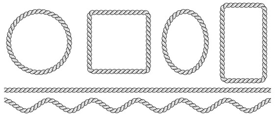 Set of rope borders in the shape of square, wave, circle and oval isolated on a white background. Vector design element of rope brush.