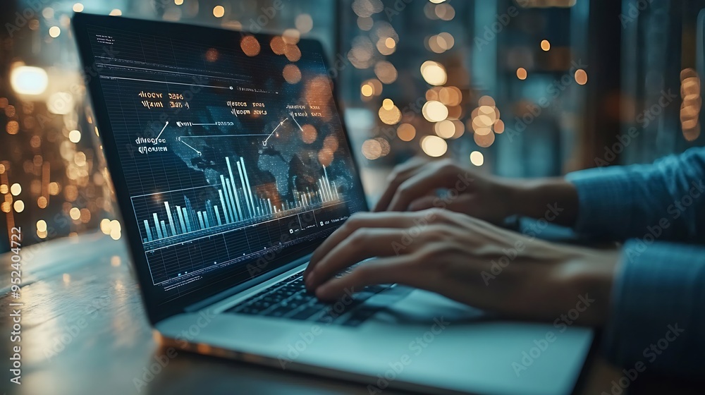 Poster Business data analysis growth and development Businessman working on laptop with financial report economic graph growth chart and global network connection business plan strategy and s : Generative AI