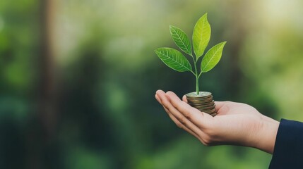Hand Holding Small Plant Growing from Stack of Coins Depicting Green Investment Concept.