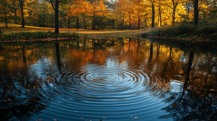 A series of expanding ripples in a tranquil pond, with the reflection of trees creating a mirrored effect