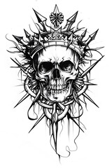 Skull and Crown of Thorns very simple traditional tattoo flash styles illustration