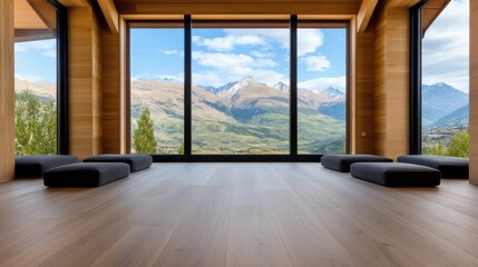 Obraz premium Minimalist Meditation Room with Panoramic Mountain Views and Wooden Interior.
