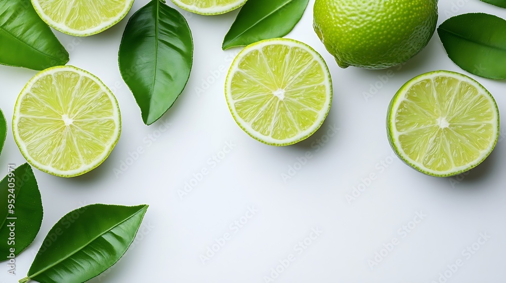 Poster lime fruits with slices and green leaves isolated on white background top view flat lay : generative