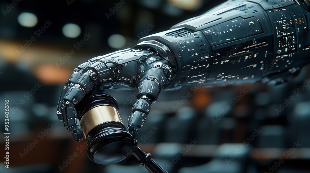 Poster Future innovative concept of efficient and fair justice system with closeup robotic hand holding gavel as artificial intelligence in transparent judicial proceedings by an AI judge Equ : Generative AI