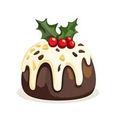 Fototapeta premium Festive Christmas Pudding with Holly Leaves and Berries on Isolated White Background Traditional Seasonal Dessert for Xmas Holiday