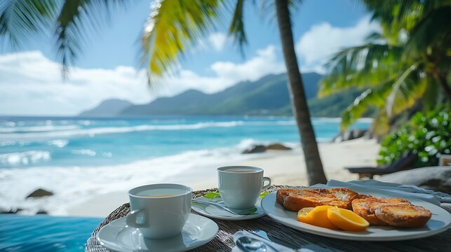 Breakfast on the beach by the pool with a look over the ocean of La Digue Seychellestropical Island : Generative AI