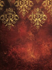 Elegant vintage wallpaper design with gold accents on a rich red background.