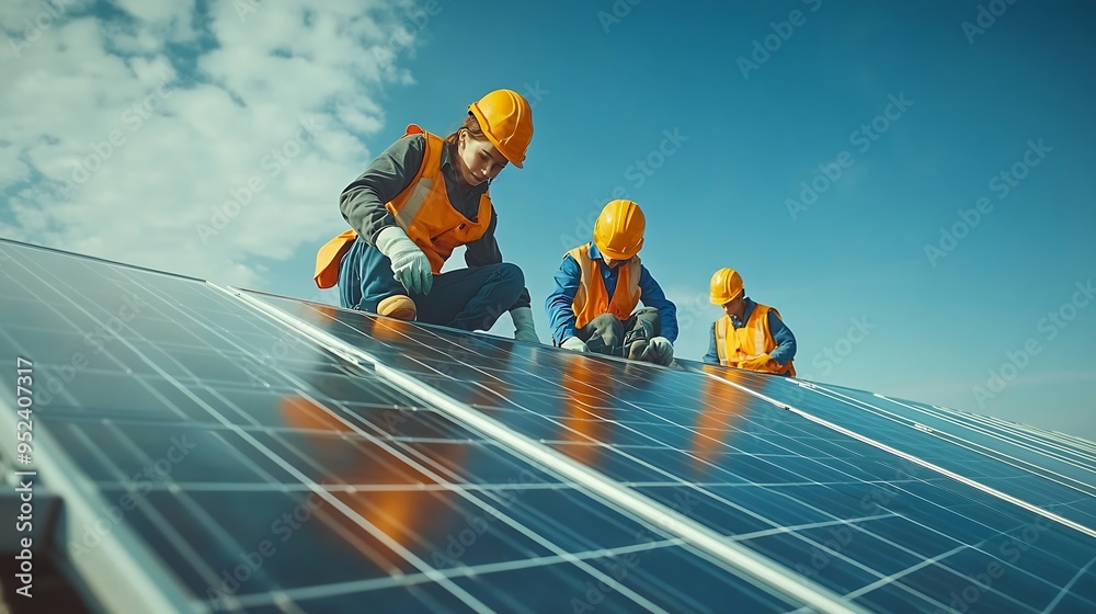 Poster electrical engineering team man and woman worker installing solar cell panels on roof solar energy c