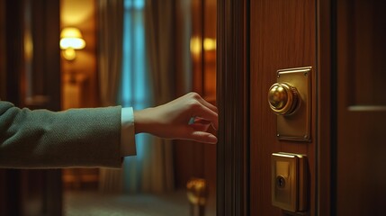 Obraz premium Female hand opening hotel room Housekeeper or room service worker opening door to appartment : Generative AI