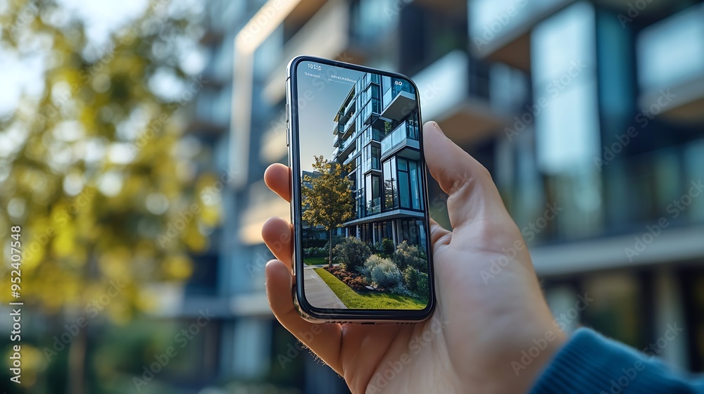 Poster real estate app on phone display in man hand property listings for an effortless home search experie