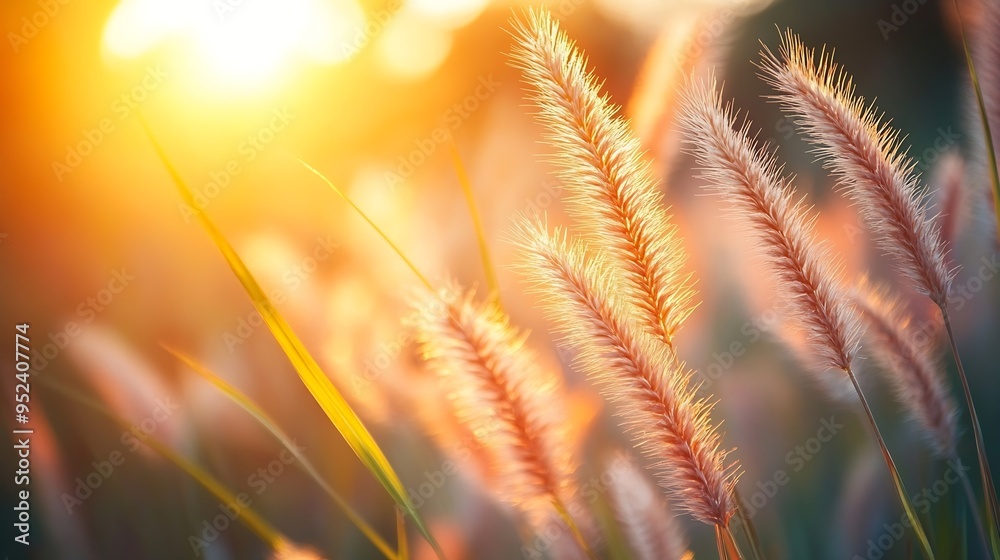 Poster grass flower with sunset light for background nature background : generative ai