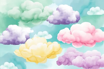 Calming Whimsical Watercolor Background of Fluffy Clouds in Mint Green Pink Lilac Yellow and Light Teal for Serene Afternoon Design