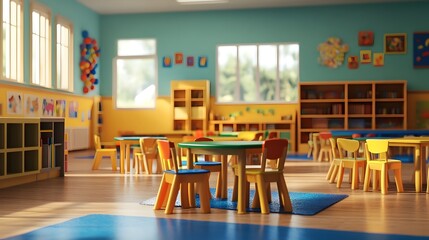 Colorful Kindergarten Classroom with Wooden Furniture and Decor