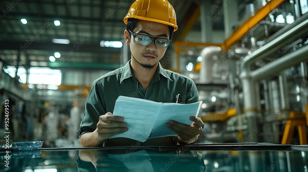 Fototapete asian male engineer in plastic industry factory looking at notes and making business plans checking 