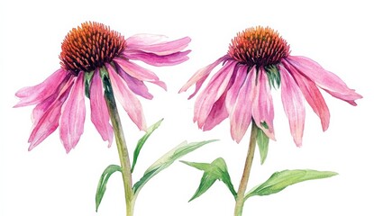 watercolor set echinacea on white background, two flowers