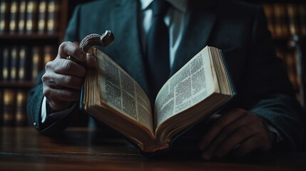 Lawyer reads law code studies constitution to protect human rights before business contract signing male lawyer or judge working with hammer of justice law book : Generative AI