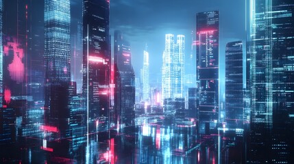 Futuristic Financial Technology Hub with Sleek Holographic Interfaces and Intricate Data Visualizations