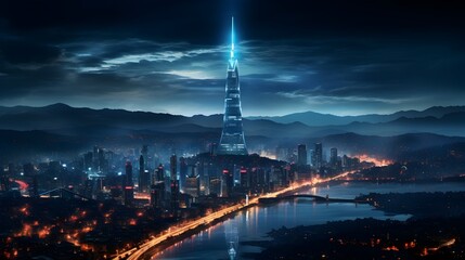 Captivating Nighttime Cityscape with Illuminated High Rise Towers and Descending Light Beams