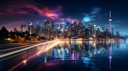 Obraz premium Illuminated Cityscape with Striking Light Trails Over Night Sky and Reflective Waters