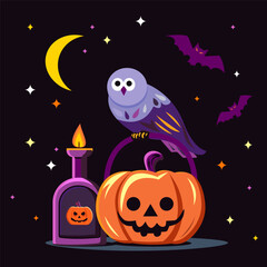 halloween purple owl is sitting on scary orange pumpkin on dark background. vector illustration for halloween