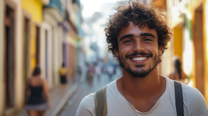 Obraz premium Young smiling Brazilian man in casual clothes on the street in Rio de Janeiro, boy, guy, male portrait, Portuguese, nationality, South America, Brazil, local, indigenous, portrait, teen, student