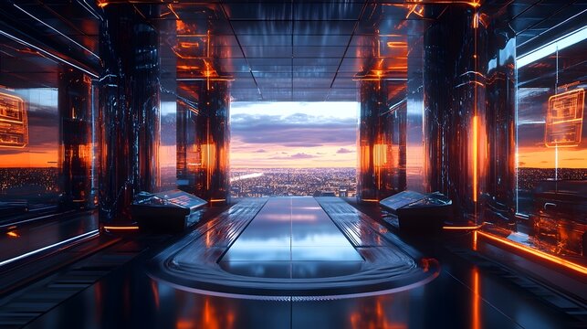 Futuristic Financial Technology Hub with Holographic Data Analytics Terminals and Sleek Architecture - Powered by Adobe